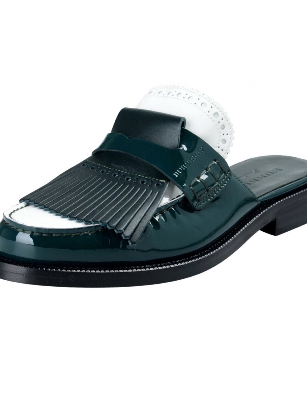 Burberry Women's Patent Kiltie Loafers in Dark Green and White - Picture 2 of 6